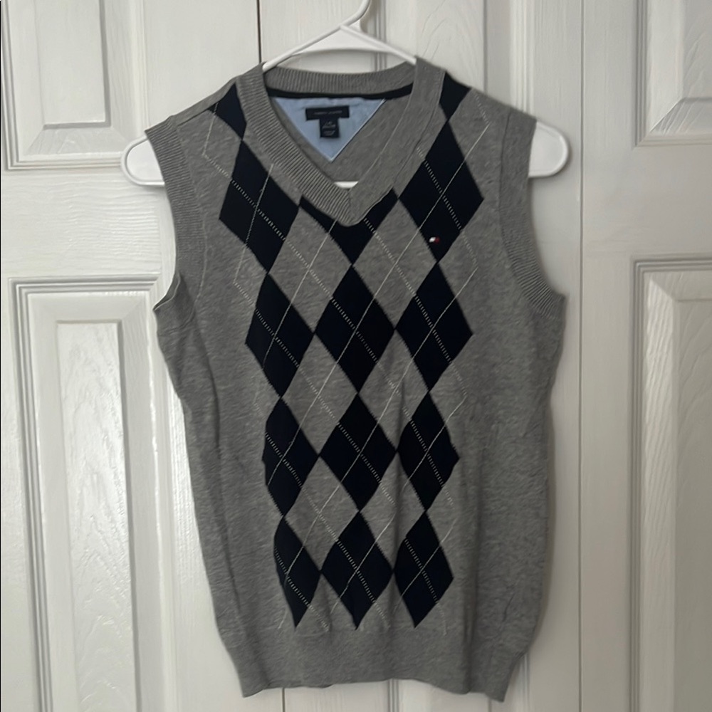 Tommy Hilfiger Gray and Black Argyle V-Neck Sweater Vest